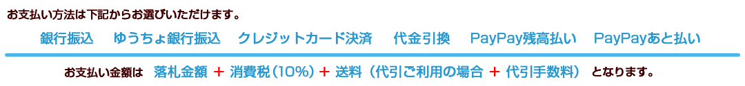 お支払い方法は、お振込み ・ Yahoo!かんたん決済 ・ 代金引換（クロネコヤマト宅急便コレクト） からお選び頂けます。