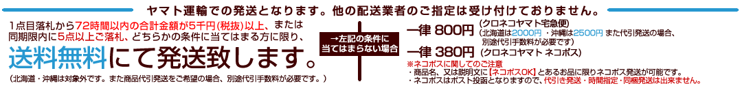 同梱は最初の商品のご落札日を1日目とし、3日目のご落札分までを期限とし、最大10点まで送料1回分にて対応させていただきます。